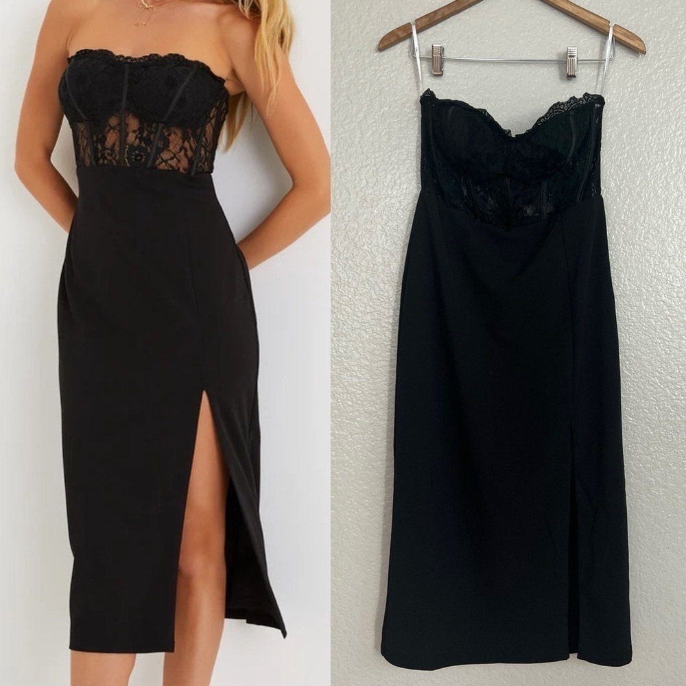 NWOT Exquisitely Sultry Black Lace Strapless Bustier Midi Dress